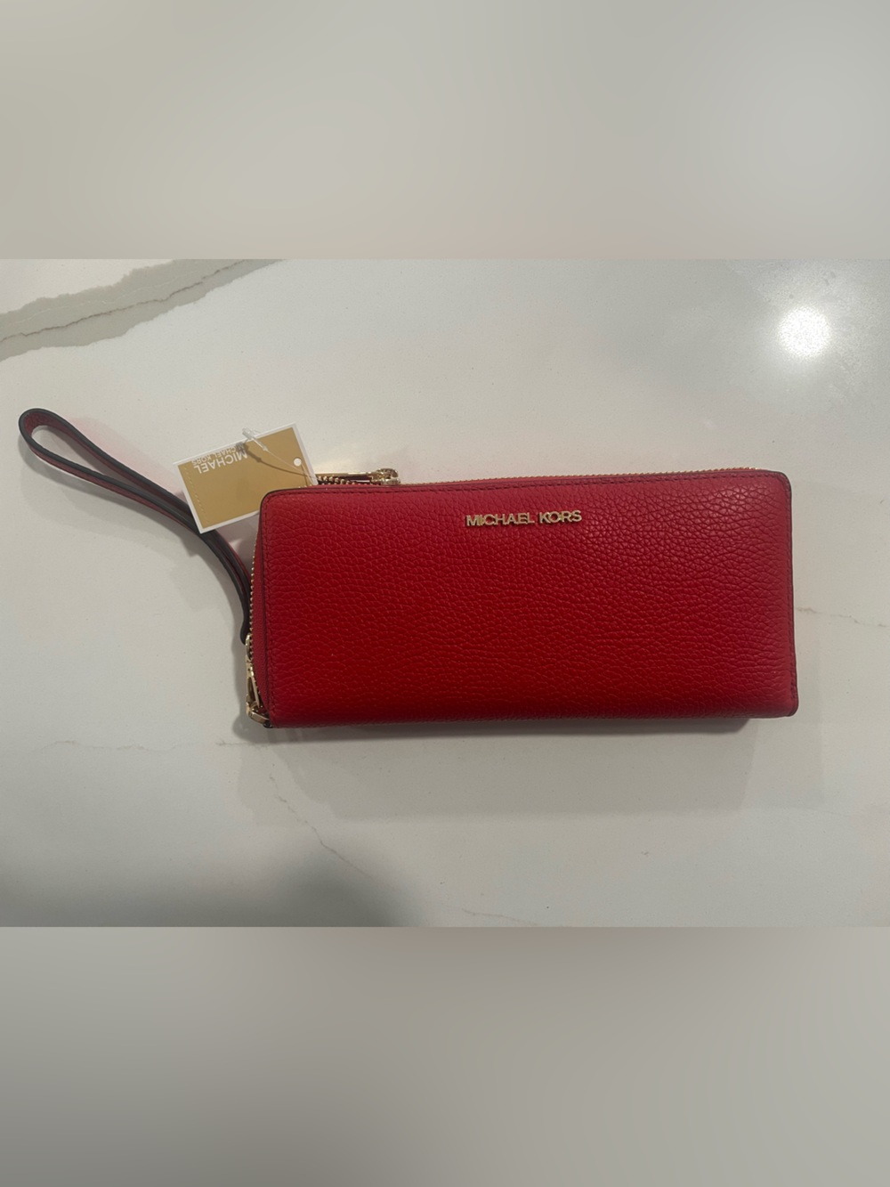 Michael Kors Red Pebbled Leather Zip Wristlet with Gold Logo